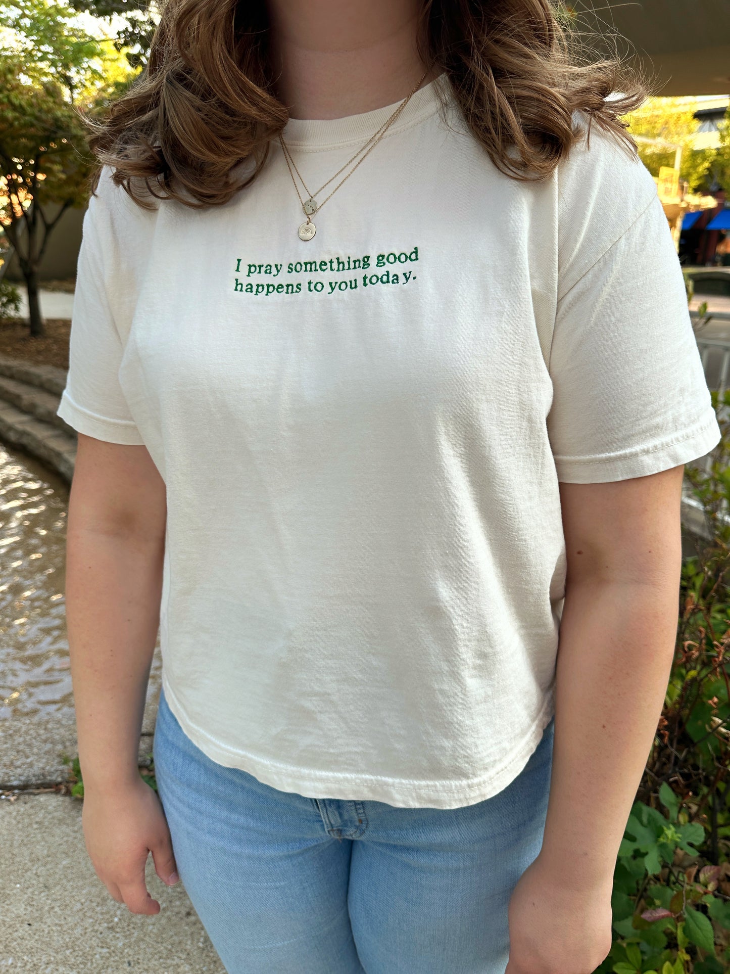 "Something Good" Embroidered Tee - Cropped - Cream